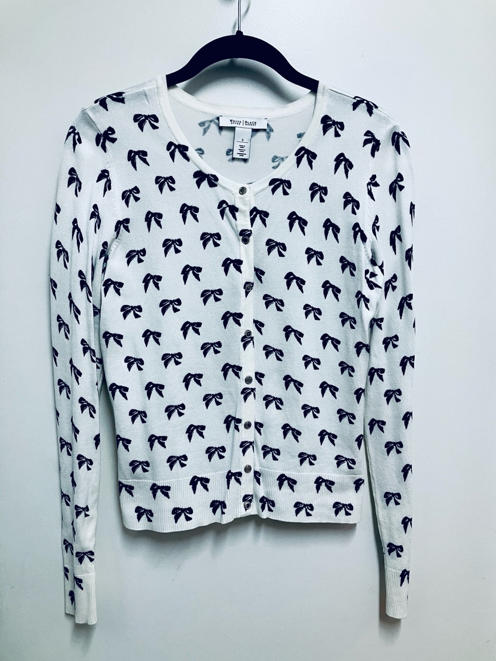White House Black Market White and Black Bow Cardigan